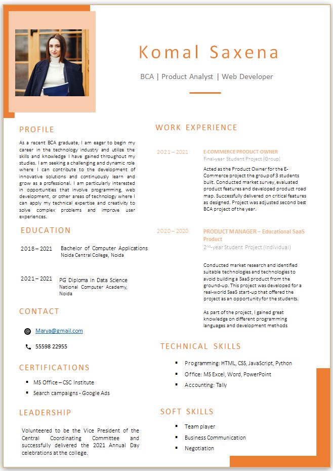 BCA Fresher resume for Analyst level jobs